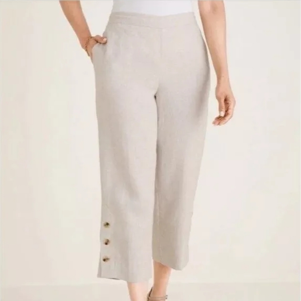 Chico's Linen Button Trim Crop Pants Wide Leg Linen Pull On Beige 1 / 8 U.S.